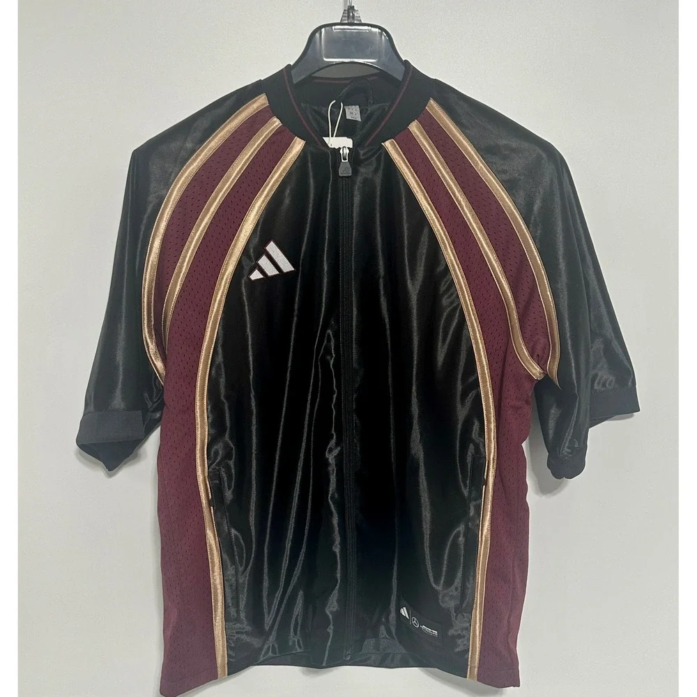 Adidas Mercedes F1 Team Mens Medium Black Satin Full Zip Short Sleeve Jacket New